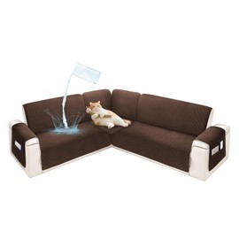 SYJOVIA Sectional Couch Covers for Dogs 100% Waterproof Corner L Shaped Sofa Cover Pet Friendly Velvet Washable Anti Slip L Shape Modular Sofa Slipcover Protector with Pockets (Dark Brown, X-Large)