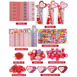 Valentine Gifts for Kids School, 28 Packs Stationery Set from Teachers to Students, Valentines Kids Gift Set Cards with Stickers, Pencils, Erasers, Valentine's Day Classroom Exchange Party Favor Toy