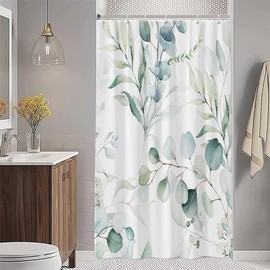 Uiiooazy Green Leaves Shower Curtain, Eucalyptus Leaf Plants Pattern, Bathtub Curtains, Anti-Mould, Waterproof, Polyester Fabric, Washable, Bathroom Curtain with Hooks, 120 x 200 cm