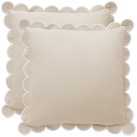 BEBE BASK Scalloped Pillow Cover - Set of 2 - 18 x 18 Inch - Scallop Pillow Cover Natural/White/Beige - 100% Cotton - Grandmillennial Style