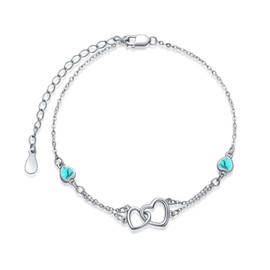 Turquoise Bracelet for Women 925 Sterling Silver Double Heart Bracelets Turquoise Dainty Beach Jewelry Turquoise Heart Chain Jewelry for friend Best Friends