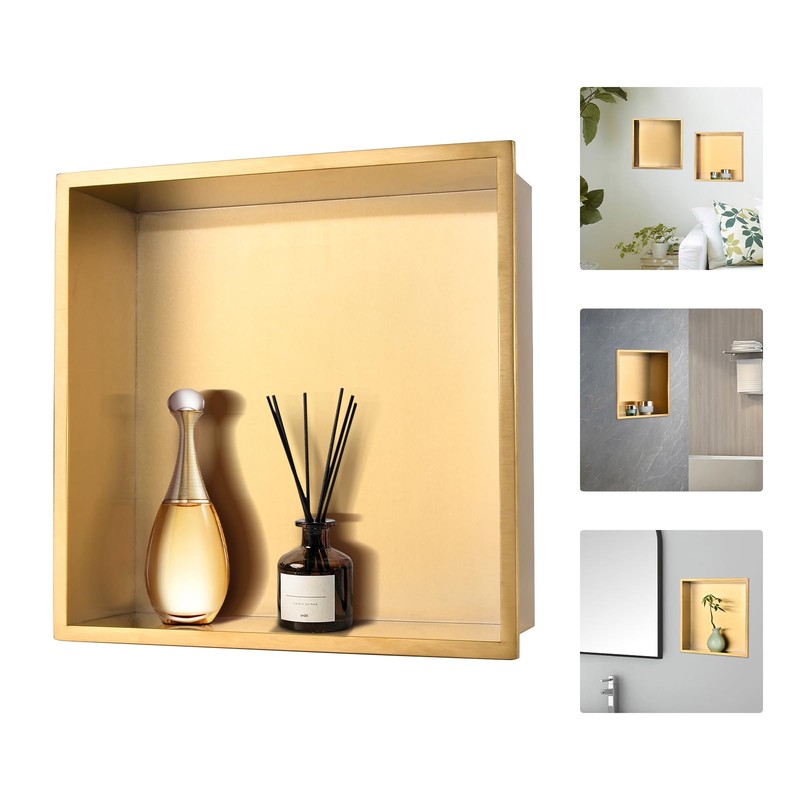 Shower Niche Gold Brushed 12"×12": Stainless Steel Shelf Organizer Waterproof