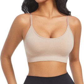 ONEW Sport Bra Women Wirefree Padded Bralette Seamless Yoga Bras Cami Vest Crop Top with Washable Removable Pads Beige M