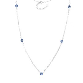 MYSTIC JEWELS Halskette aus 925er-Sterlingsilber mit 5 emaillierten türkischen Augen, marineblau, minimalistisches Design, 40 + 5 cm, mit Geschenkbeutel, Unico Tamaño, Silber, Kein Edelstein