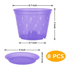 lanccona Orchid Pot, 6.7 Inch 8 Pack Orchid Pots with Holes and Saucers,Plastic Orchid Planter - Purple Amethyst