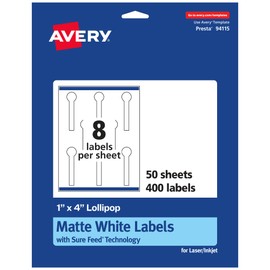 Avery Matte White Lollipop Labels with Sure Feed, 1" x 4", 400 White Labels, Print-to-The-Edge, Permanent Label Adhesive, Laser/Inkjet Printable Labels
