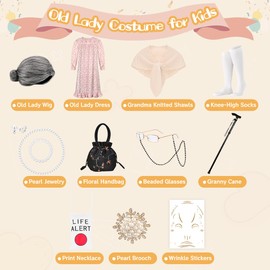 100 Days of School Old Lady Costume Set Grandma Dress Up Cosplay Accessories for Girls 13PCS Apricot M