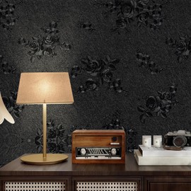 Apdidl Black Flower Wallpaper Peel and Stick, Gothic Black Floral Textured Contact Paper 118"X17.7", Removable Self Adhesive Waterproof Contact Wall Paper for Kitchen Drawers Walls Cabinets