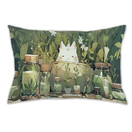 Cute Kawaii White Cat Anime Green Plant Leaves Pillow Case Pillowcase, Pillowcases for Sofa Couch Bedroom Living 20x30 Inches