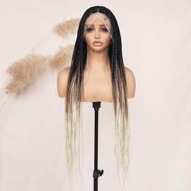 FABÉLLE 32 Inch Long Synthetic Braided Wig Knotless Box Braid Wigs with Baby Hair Single Full Lace Braided Wigs for Black Women - T1B/30/613 Ombre Brown Blonde Hair