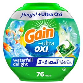 Gain Flings Ultra Oxi Laundry Detergent Pacs, 76 Count, Waterfall Delight Scent, 3-in-1, HE Compatible
