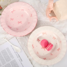 JarThenaAMCS 2Pcs Pink Bow Ceramic Dish White Pink Bow Tie Dinner Plates Cute Coquette Salad Appetizer Plates for Holding Necklaces Earrings Bracelets Decorative Plate Home Restaurant Table Decor