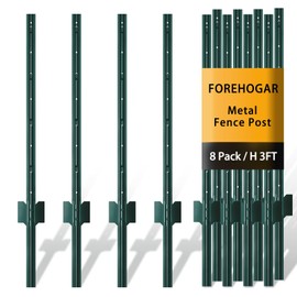 FOREHOGAR Metal Fence Post 3 Feet Green, Pack of 8, T Posts for Wire Fence, No Dig Steel U Posts Fencing for Lawn Garden Wire Mesh Fence Poles Sign Outdoor Light Duty