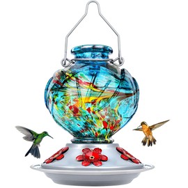 BOLITE Hummingbird Feeder, Hand Blown Glass Hummingbird Feeders for Outdoors Hanging, with Ant Moat and 5 Feeding Ports, 22 Ounces, Peony Flower Shape, Blue, Gifts for Women Men, Gifts for Mom Dad