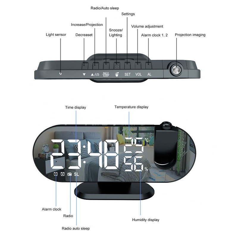 Projection Alarm Clock USB Powered Mirror Display Design High Brightness