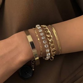 Gold Bangle Bracelets for Women Trendy 14k Gold Plated Stackable Dainty Cuff Bracelet Adjustable Charm Rhinestone Cuban Link Chain Tarnish Free Golden Jewelry Sets Fashion Accessories Gifts (5PS CZ Bracelets Gold)