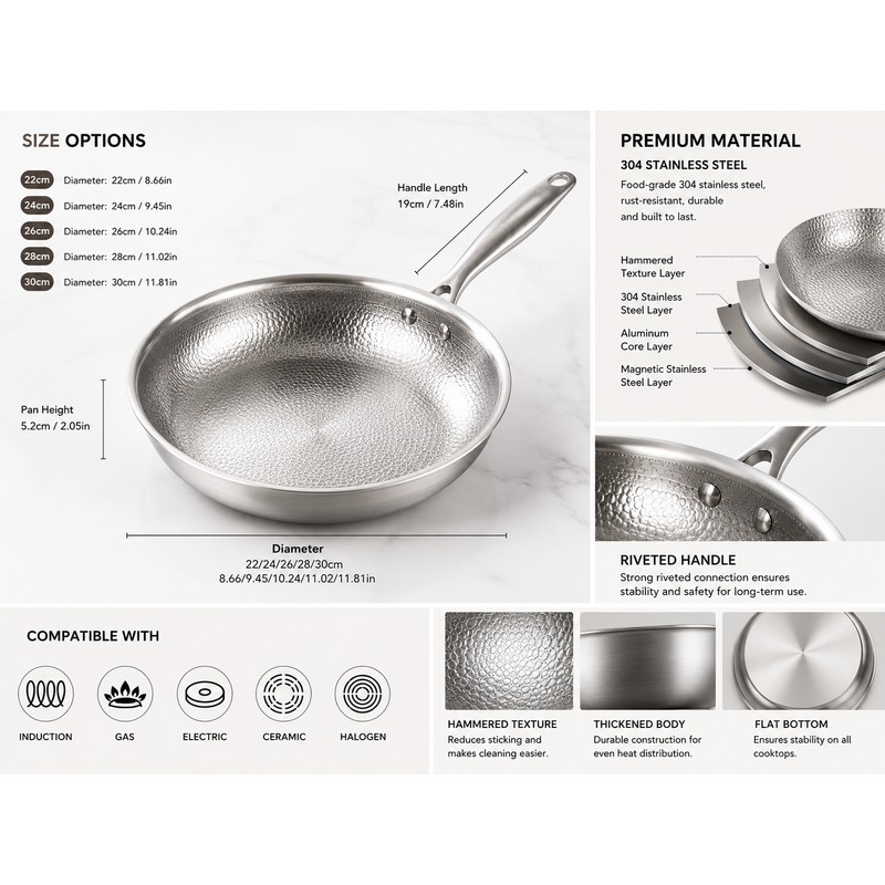 32cm Titanium Stainless Steel Frying Pan Non-stick Wok Skillet with
