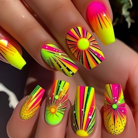 Spring Summer Press on Nails Medium Coffin Fake Nails Yellow Gradient Acrylic Glue on Nails with Stripe Design Coloful False Nails Glossy Full Cover Artificial Stick on Nails Kit for Women Girls 24Pcs