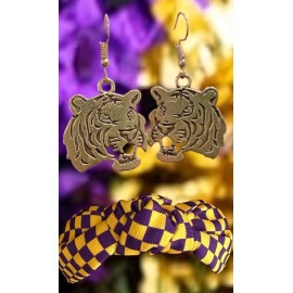 Unbranded LSU purple & gold  headband 1” brushed goldtone Metal tiger pierced earrings