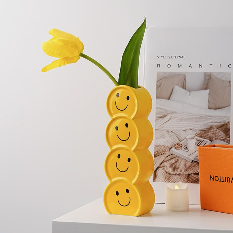 Novelty 7.3in Glossy Yellow Smile Face Ceramic Vase Decor for