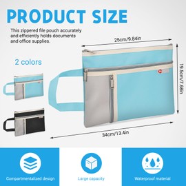 Realand 2Pcs A5 Waterproof Document Bag File Organizer, 3 Pockets Oxford Zipper Pouches for Organizing with Handle, Notary Bag for Paper Books Project Tote Bag, Black + Blue