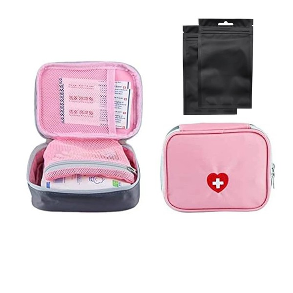 Pillen Box Organizer Tragbarer Klein Medizinhalter Erste-Hilfe-Tasche Leer Pille Organisator mit dem Multi-Tasche für Reisen 1 Stücke 13x10x4cm - Rosa