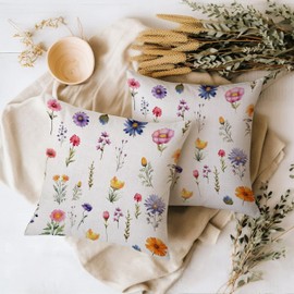 Spring Flowers Throw Pillow Covers 18x18 Set of 2 Seasonal Floral Pillow Covers Watercolor Wildflowers Throw Pillows Decorative Pillow Cases Cushion Covers for Bedroom Livingroom Sofa Farm House