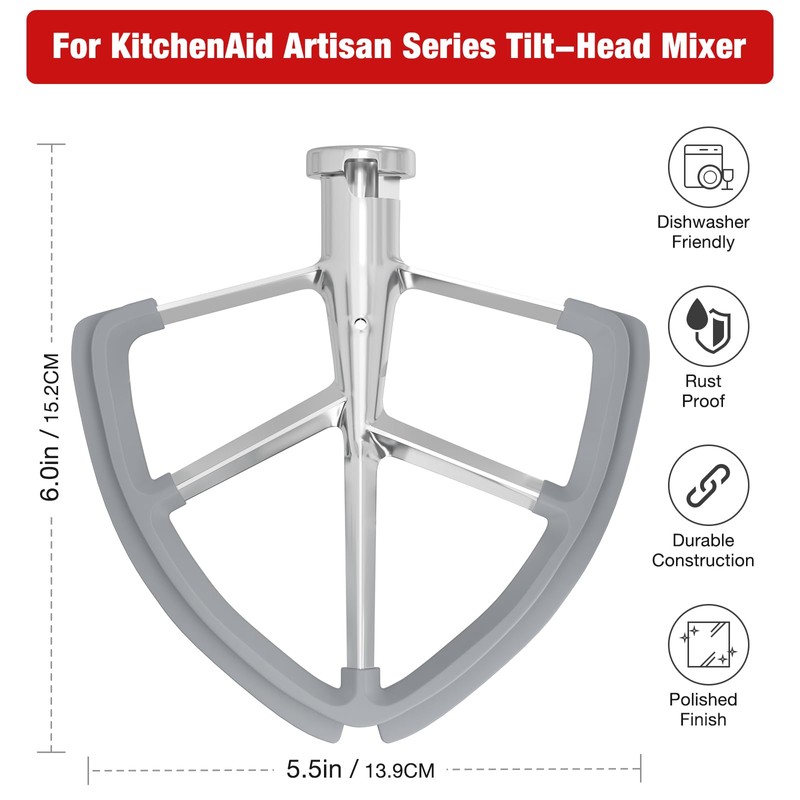 6QT Stainless Steel Flex Edge Beater for KitchenAid Mixer Professional
