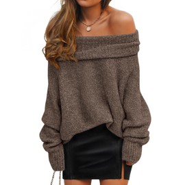 ZESICA Women's Off The Shoulder Fall Sweaters Oversized Long Sleeve Pullover Tops 2025 Fashion Outfit Clothes,Coffee,Medium
