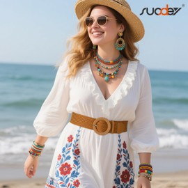 SUOSDEY Women Rattan Braided Belt, Wide Boho Style Woven Waist Belt for Dresses Pants brown