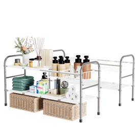 HCSH&WILL 2 Pack Under Sink Organizer, 2 Tier Expandable Under Sink Shelf with 6 Removable Panels and 2 Removable Baskets, White Under Cabinet Organizer Shelf for Cupboard, Kitchen, Bathroom, Desk