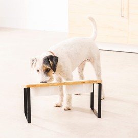 Navaris Dog Bowls with Stand - Large Double Stoneware Food Bowl Set for Dogs with Elevated Holder Made of Bamboo and Metal - 32 oz (950 ml) Capacity