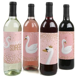 Swan Soiree - White Swan Baby Shower or Birthday Party Decorations for Women and Men - Wine Bottle Label Stickers - Set of 4