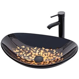 YIMAI Ingenuity Vessel Sink 20.8"x13.7" Bathroom Sinks with Faucet Combo Tempered Glass Art Basin Round Bowl, 20202B(Brown)
