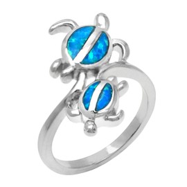Honolulu Jewelry Company Twin Hawaiian Turtle Honu Silver Ring with Simulated Blue Opal, Size 9