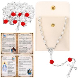 Quelay Rosary for Women Catholic Gifts Our Lady of Rosary Beads Pray Card Necklace Confirmation Gifts(White,Rose)