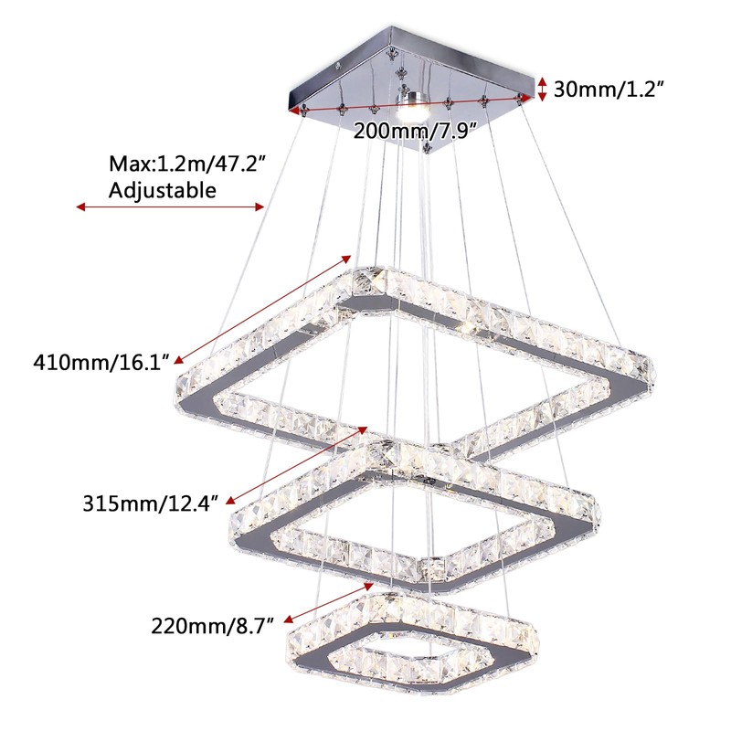 diisunbihuo Modern Crystal Chandeliers LED Square 3-Rings Chandelier Pendant Lights