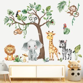 decalmile Jungle Animals Tree Wall Decals Safari Lion Elephant Monkey Wall Stickers Kids Bedroom Baby Nursery Wall Decor