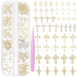60 Pcs Gold Coss Nail Charms, 12 Styles 3D Cross Gold Nail Charms Crosses Star Nail Charm and Gems, Mixed Crosses Golden Charm for Acrylic Nails Y2K DIY Accessories
