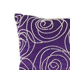 Benjara Designer Faux Silk Cotton Pillow with Pearl Beads, Purple and Silver.