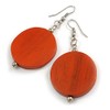 30mm Antique Orange Painted Wood Coin Drop Earrings - 60mm