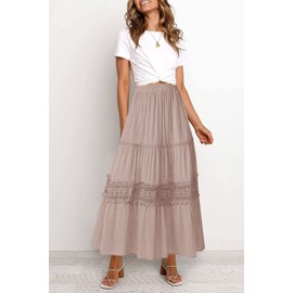 MEROKEETY Women's Boho Elastic High Waist Pleated A-line Ruffle Lace Trim Tiered Midi Maxi Skirt with Pockets,Pink,M