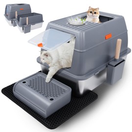 Stainless Steel Cat Litter Box with Lid, Extra Large Enclosed Litter Box with Litter Scoop Litter Mat & Front Step, Covered Kitty Litter Box for Top Entry Odor-Control Anti-Leakage Non-Stick (Grey)