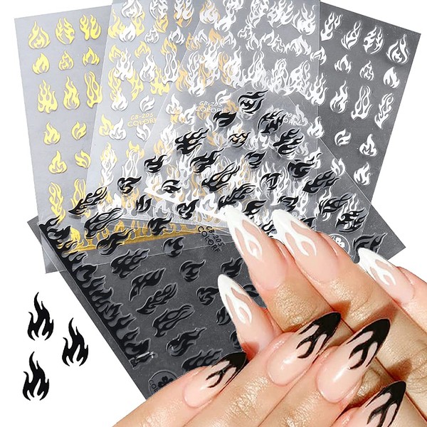 XMMXNBJ 4 Sheets Flame Nail Art Stickers Decals 3D Laser Gold Self-Adhesive Flame Nail Sticker 4 Colors Nail Art Designs for Women Girls Manicure Tips Charms Decoration DIY Nail Art Supplies