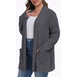 OLRIK Plus Size Cardigan for Women Long Sleeve Open Front Easy to Wear Casual Knit Sweaters with Pockets Loose Outwear Dark Gray-3X