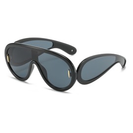 YUELUQU Fashion Rave Sunglasses for Women Men Oversized Futuristic Shield Wave Mask Sun Glasses Designer Style (Black grey)