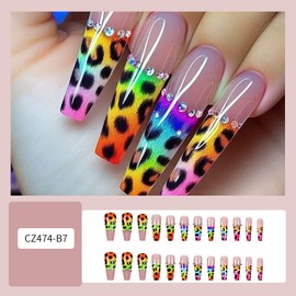 EYZOTSF Press on Nails Coffin Shaped Acrylic Extra Long Square False Nails with Designs Artificial Long Length Coffin Fake Nails with Charms Glue Stick ons Fingernails for Women Girls(CZ474)