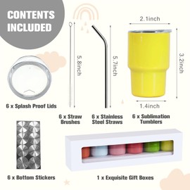 BetterSub - Juego de 6 vasos de vino de sublimación de 3 onzas, vasos de sublimación con aislamiento de doble pared, vasos de sublimación de acero inoxidable con tapa y popote para fiestas, bar