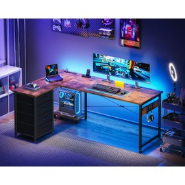Casaottima L Shaped Desk with 4 Tier Drawers, 61" Gaming Desk with Power Outlets & USB, Reversible L-Shaped Computer Desk with CPU Stand, Home Office Corner Desk with Storage, Easy Assemble, Vintage