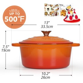 Overmont Enameled Cast Iron Dutch Oven - 5.5QT Pot with Lid Cookbook & Cotton Potholders - Heavy-Duty Cookware for Braising, Stews, Roasting, Bread Baking orange
